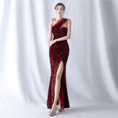 One-Shoulder Feathered Sequin Maxi Dress