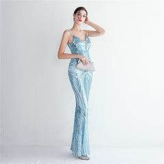 V-Neck Sequin Lace Maxi Dress