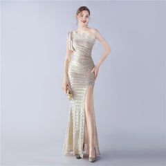 Sequined One-Shoulder Ostrich-Feather Maxi Dress