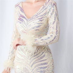 V-Neck Ostrich Feather Sequin Maxi Dress