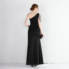 Beaded One-Shoulder Fishtail Maxi Dress