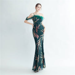 One-Shoulder Ostrich Feather Beaded Maxi Dress