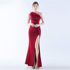 One-Shoulder Feather Maxi Dress