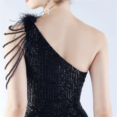 One-Shoulder Ombre Sequin Feather Dress