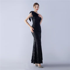 Sequined One-Shoulder Ostrich-Feather Maxi Dress