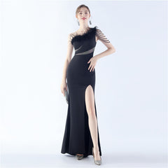 One-Shoulder Rhinestone Diagonal Collar Maxi Dress
