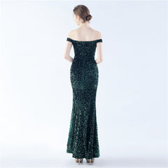 Off-Shoulder Sequin Split Maxi Dress