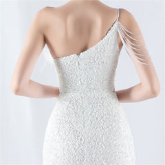 One-Shoulder Feathered Sequined Maxi Dress