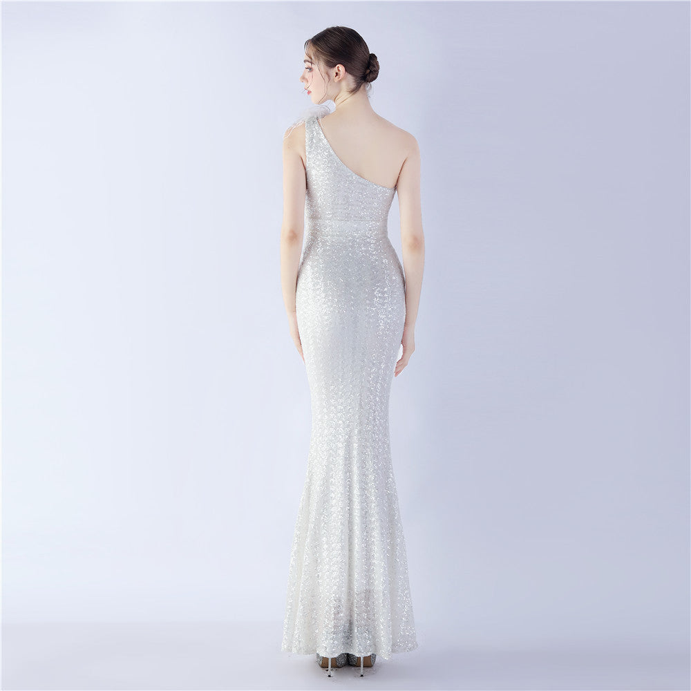 Asymmetric One-Shoulder Sequined Maxi Dress
