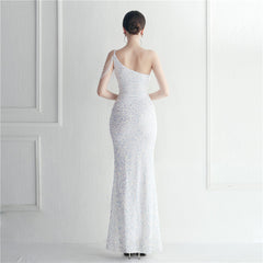 One-Shoulder Sequined Split Maxi Dress