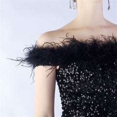 Off-Shoulder Sequin Feather Maxi Dress