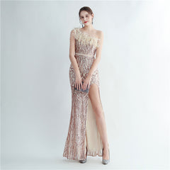 One-Shoulder Sequin Feather Maxi Dress