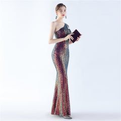 Sequin Beaded One-Shoulder Maxi Dress