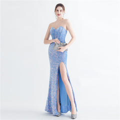 Sequin Boned Strapless Split Maxi Dress