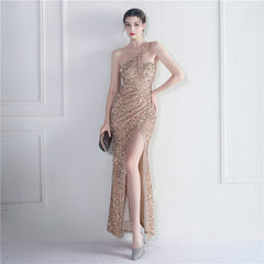 One-Shoulder Sequined Fishtail Maxi Dress
