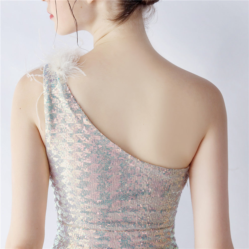 Asymmetric One-Shoulder Sequined Maxi Dress