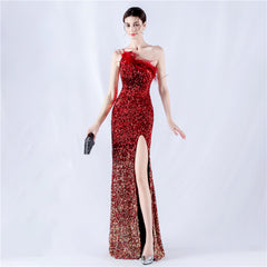 One-Shoulder Sequin Feather Maxi Dress