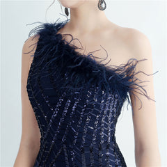 One-Shoulder Sequin Feather Maxi Dress