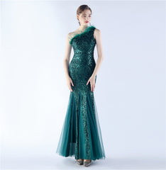 Ostrich Feather Sequined One-Shoulder Maxi Dress