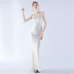 Sequin Beaded One-Shoulder Maxi Dress