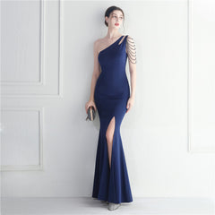 Beaded One-Shoulder Split Maxi Dress