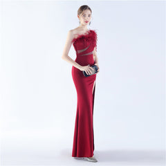 One-Shoulder Rhinestone Diagonal Collar Maxi Dress