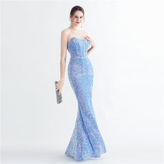 Sequin Boned Strapless Split Maxi Dress