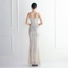 Sequined Fringed Fishtail Maxi Dress