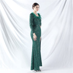 Ostrich Feather Sequin Split Maxi Dress