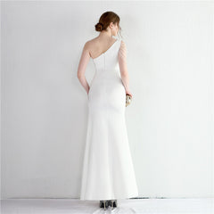 Beaded One-Shoulder Fishtail Maxi Dress