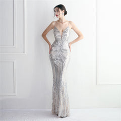 V-Neck Sequined Beaded Maxi Dress