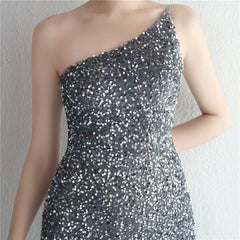 One-Shoulder Sequined Fishtail Split Maxi Dress