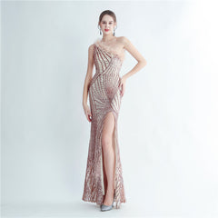 One-Shoulder Sequin Feather Maxi Dress