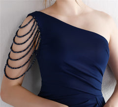 Beaded One-Shoulder Fishtail Maxi Dress