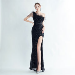 One-Shoulder Sequin Feather Maxi Dress