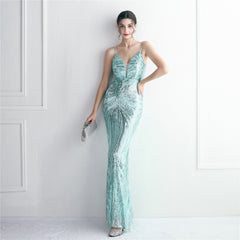 V-Neck Sequined Beaded Maxi Dress