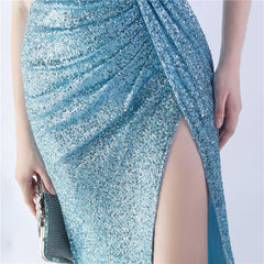 Feathered Sequin Slit Maxi Dress