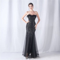 Sequined Feathered Fishtail Maxi Dress