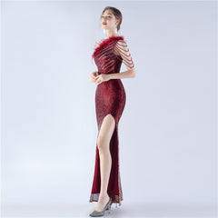 One-Shoulder Ombre Sequin Feather Dress