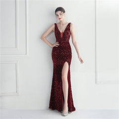 Sequined V-Neck Maxi Dress Split