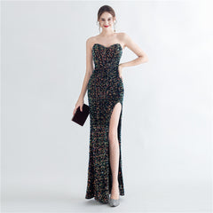 Sequin Boned Strapless Split Maxi Dress