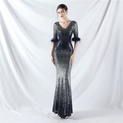 Ostrich Feather Gradient Sequin Maxi Dress