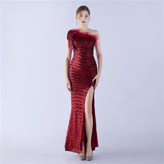 Sequined One-Shoulder Ostrich-Feather Maxi Dress