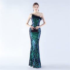 One-Shoulder Sequined Ostrich Feather Dress