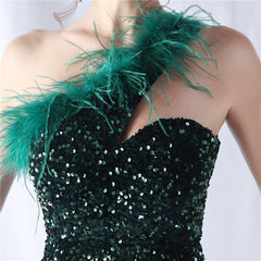 One-Shoulder Feathered Sequin Maxi Dress
