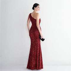 One-Shoulder Sequined Beaded Fishtail Maxi Dress