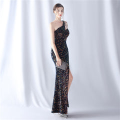 One-Shoulder Beaded Sequin Split Maxi Dress