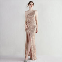 Sequin One-Shoulder Fishtail Maxi Dress