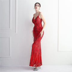 Elegant Sequin Beaded Fishtail Maxi Dress