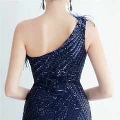 One-Shoulder Sequin Feather Maxi Dress